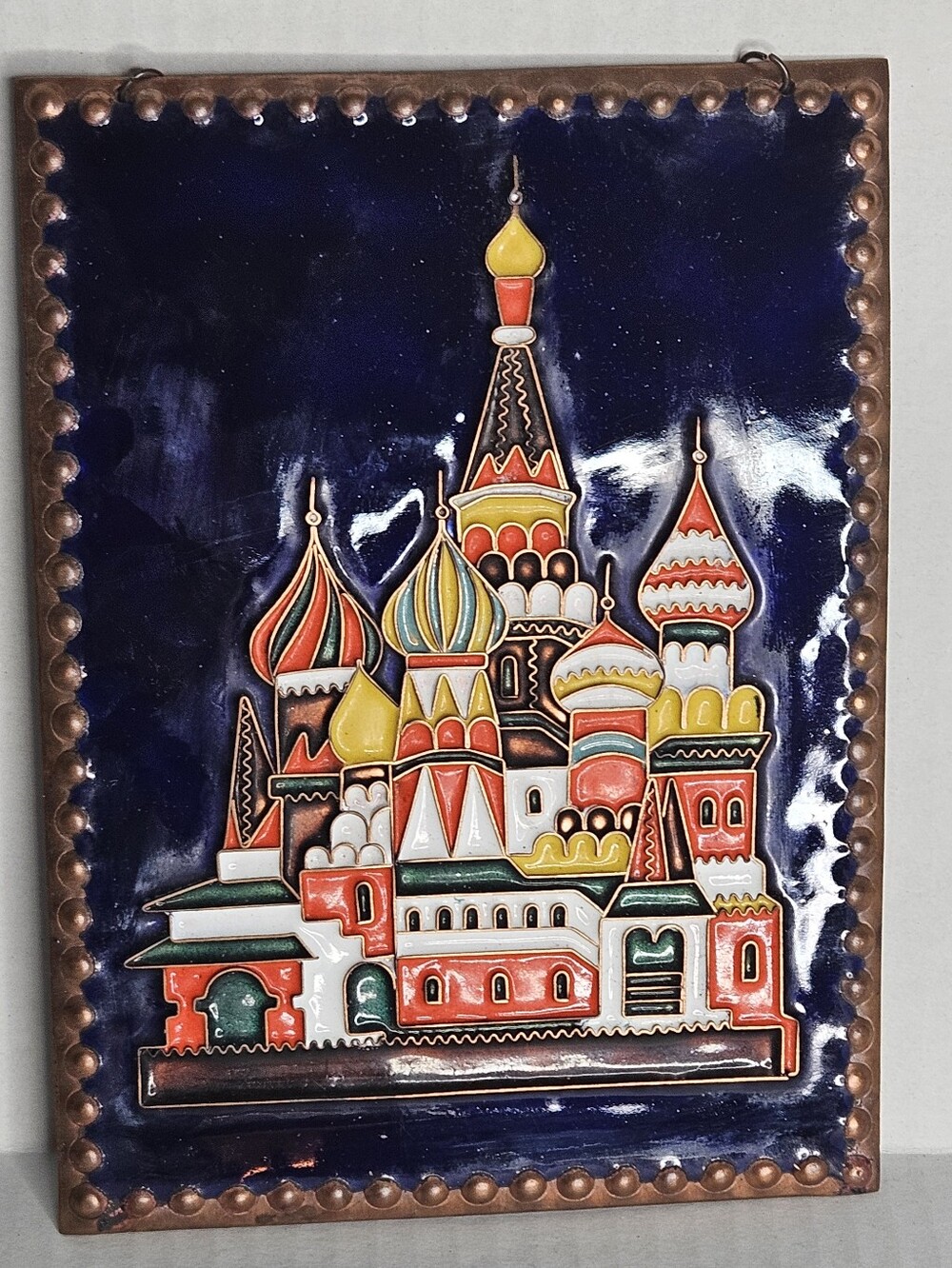 Vtg Russian Enamel Copper Plaque of St Basil's Cathedral of Vasily Religious